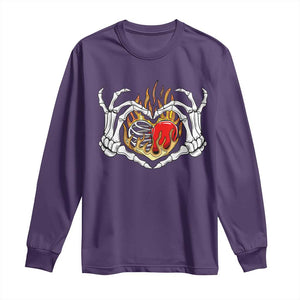 Valentine's Day Long Sleeve Shirt Skeleton Hand Love Sign Holding Fire Red Heart TS09 Purple Print Your Wear