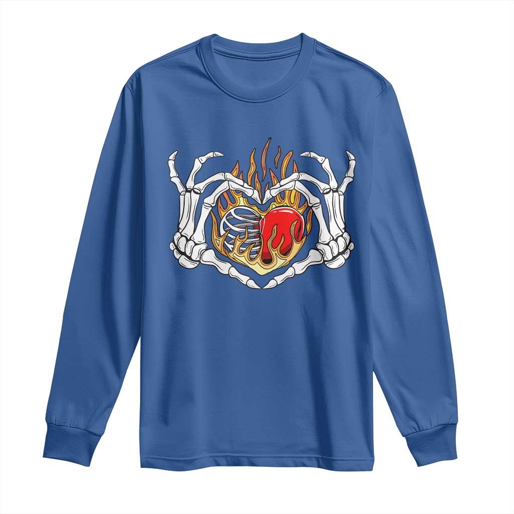 Valentine's Day Long Sleeve Shirt Skeleton Hand Love Sign Holding Fire Red Heart TS09 Royal Blue Print Your Wear
