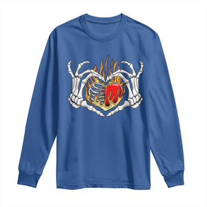 Valentine's Day Long Sleeve Shirt Skeleton Hand Love Sign Holding Fire Red Heart TS09 Royal Blue Print Your Wear