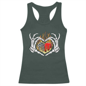 Valentine's Day Racerback Tank Top Skeleton Hand Love Sign Holding Fire Red Heart TS09 Dark Forest Green Print Your Wear