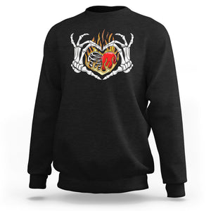 Valentine's Day Sweatshirt Skeleton Hand Love Sign Holding Fire Red Heart TS09 Black Printyourwear