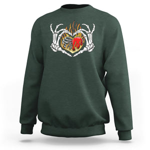 Valentine's Day Sweatshirt Skeleton Hand Love Sign Holding Fire Red Heart TS09 Dark Forest Green Printyourwear