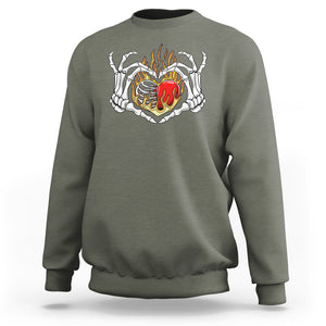 Valentine's Day Sweatshirt Skeleton Hand Love Sign Holding Fire Red Heart TS09 Military Green Printyourwear