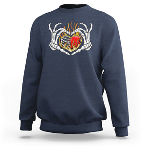 Valentine's Day Sweatshirt Skeleton Hand Love Sign Holding Fire Red Heart TS09 Navy Printyourwear