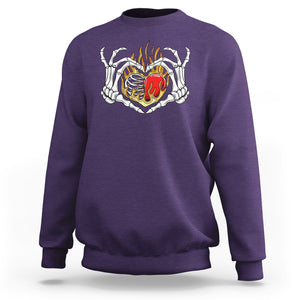 Valentine's Day Sweatshirt Skeleton Hand Love Sign Holding Fire Red Heart TS09 Purple Printyourwear