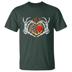 Valentine's Day T Shirt Skeleton Hand Love Sign Holding Fire Red Heart TS09 Dark Forest Green Printyourwear