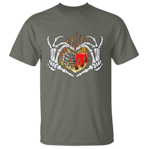 Valentine's Day T Shirt Skeleton Hand Love Sign Holding Fire Red Heart TS09 Military Green Printyourwear