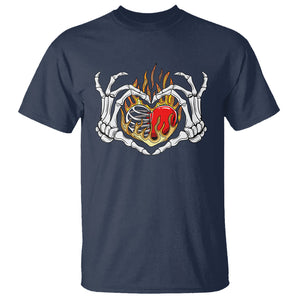 Valentine's Day T Shirt Skeleton Hand Love Sign Holding Fire Red Heart TS09 Navy Printyourwear