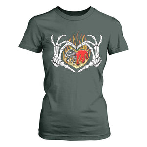 Valentine's Day T Shirt For Women Skeleton Hand Love Sign Holding Fire Red Heart TS09 Dark Forest Green Print Your Wear