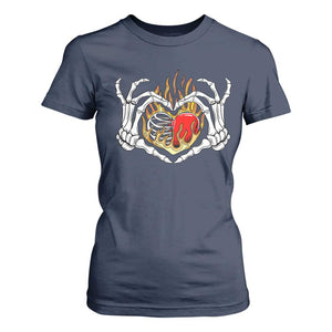 Valentine's Day T Shirt For Women Skeleton Hand Love Sign Holding Fire Red Heart TS09 Navy Print Your Wear