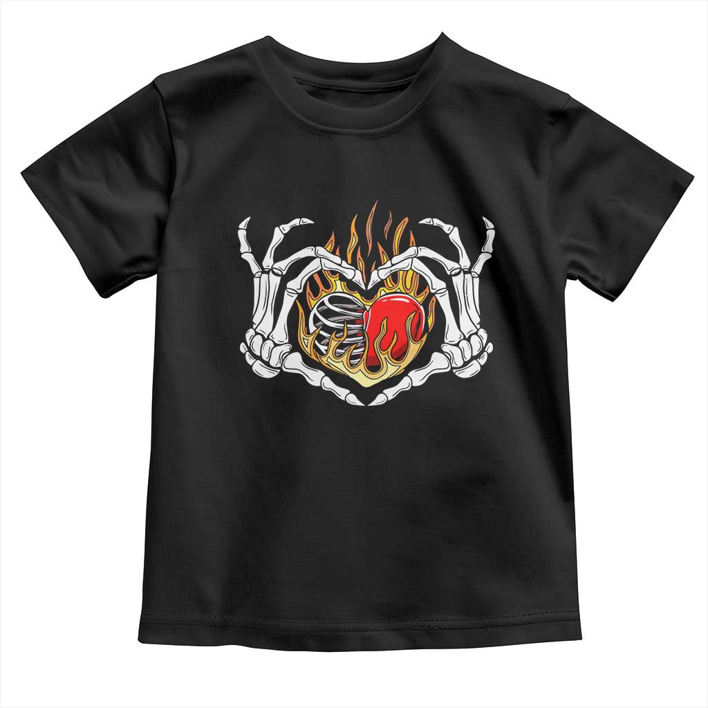 Valentine's Day Toddler T Shirt Skeleton Hand Love Sign Holding Fire Red Heart TS09 Black Print Your Wear