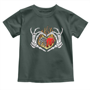 Valentine's Day Toddler T Shirt Skeleton Hand Love Sign Holding Fire Red Heart TS09 Dark Forest Green Print Your Wear