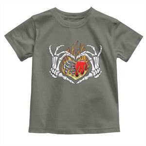 Valentine's Day Toddler T Shirt Skeleton Hand Love Sign Holding Fire Red Heart TS09 Military Green Print Your Wear