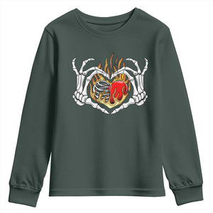 Valentine's Day Youth Sweatshirt Skeleton Hand Love Sign Holding Fire Red Heart TS09 Dark Forest Green Print Your Wear