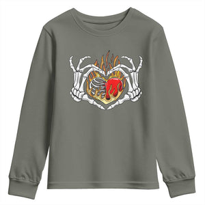 Valentine's Day Youth Sweatshirt Skeleton Hand Love Sign Holding Fire Red Heart TS09 Military Green Print Your Wear