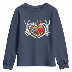 Valentine's Day Youth Sweatshirt Skeleton Hand Love Sign Holding Fire Red Heart TS09 Navy Print Your Wear