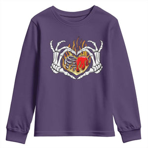 Valentine's Day Youth Sweatshirt Skeleton Hand Love Sign Holding Fire Red Heart TS09 Purple Print Your Wear