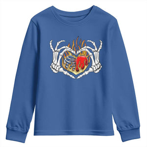 Valentine's Day Youth Sweatshirt Skeleton Hand Love Sign Holding Fire Red Heart TS09 Royal Blue Print Your Wear