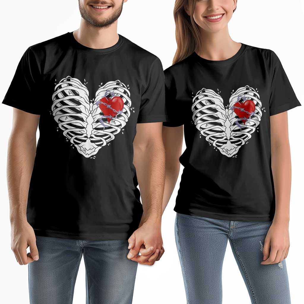 Valentine's Day Couple Matching T Shirt Gothic Valentine Skeleton With Barbed Wire Heart TS09 Black Print Your Wear