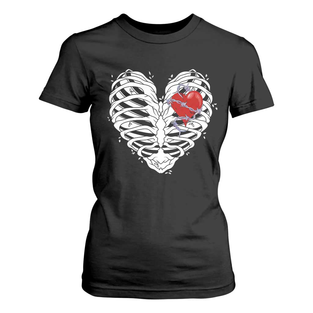 Valentine's Day T Shirt For Women Gothic Valentine Skeleton With Barbed Wire Heart TS09 Black Print Your Wear