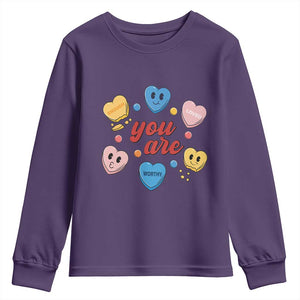 You Are Loved Worthy Enough Candy Heart Valentine's Day Youth Sweatshirt TS09 Purple Print Your Wear