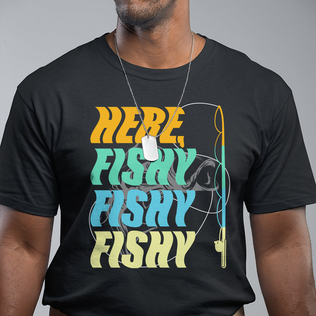 Here Fishy Fisherman Fishing Sport Angler T Shirt TS09 Dark Heather Printyourwear