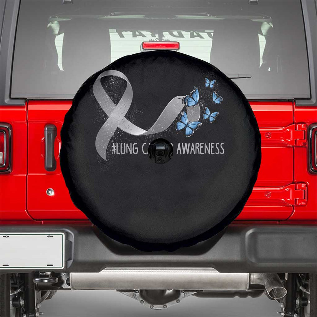 Pretty White Ribbon Butterfly Lung Cancer Awareness Spare Tire Cover TS09 Black Print Your Wear