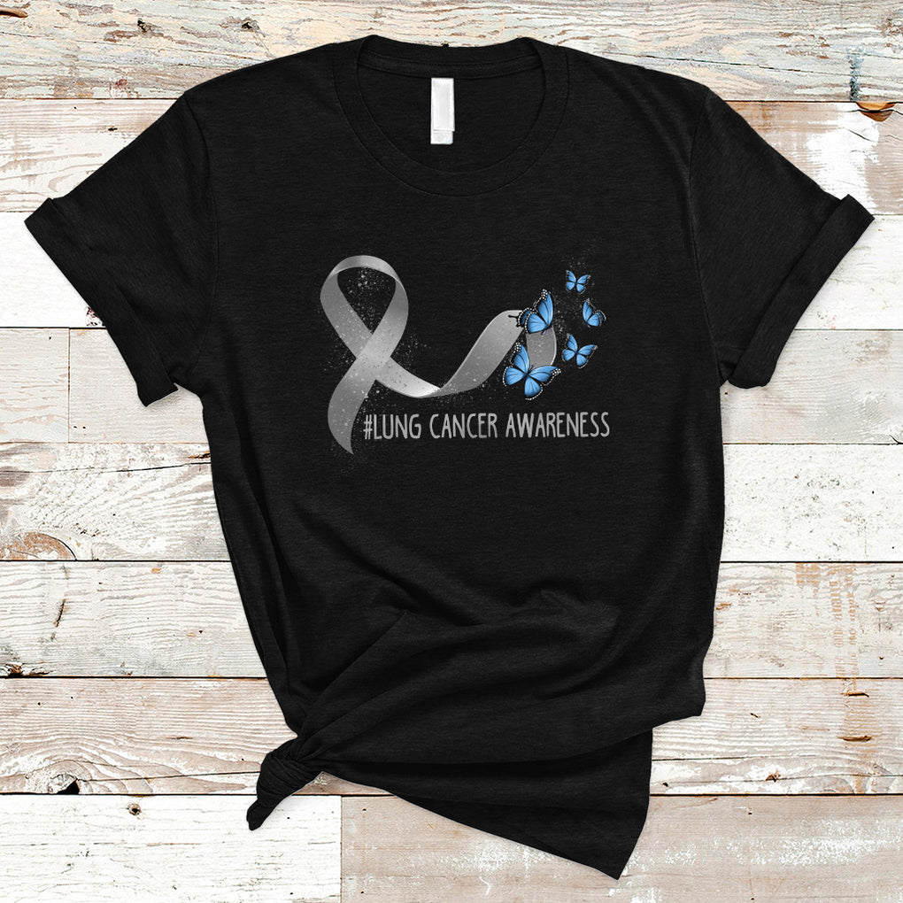 Pretty White Ribbon Butterfly Lung Cancer Awareness T Shirt TS09 Black Printyourwear