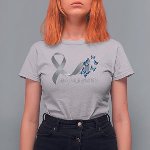 Pretty White Ribbon Butterfly Lung Cancer Awareness T Shirt For Women TS09 Ice Gray Printyourwear