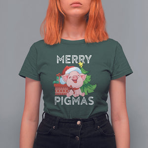 Merry Pigmas Pig Santa Christmas Light Farmer T Shirt For Women TS09 Dark Forest Green Printyourwear