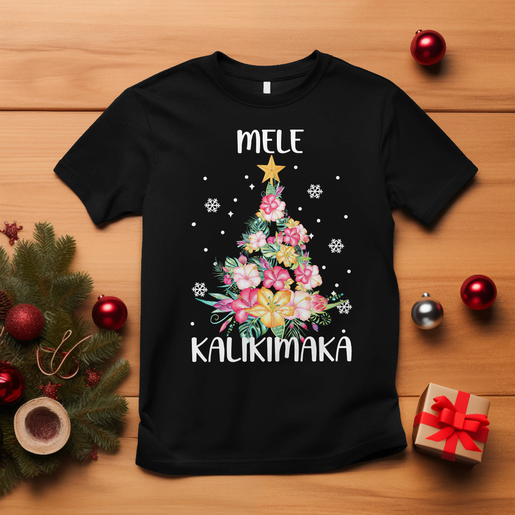 Mele Kalikimaka Hawaiian Christmas Tree Tropical Flower T Shirt TS09 Black Printyourwear