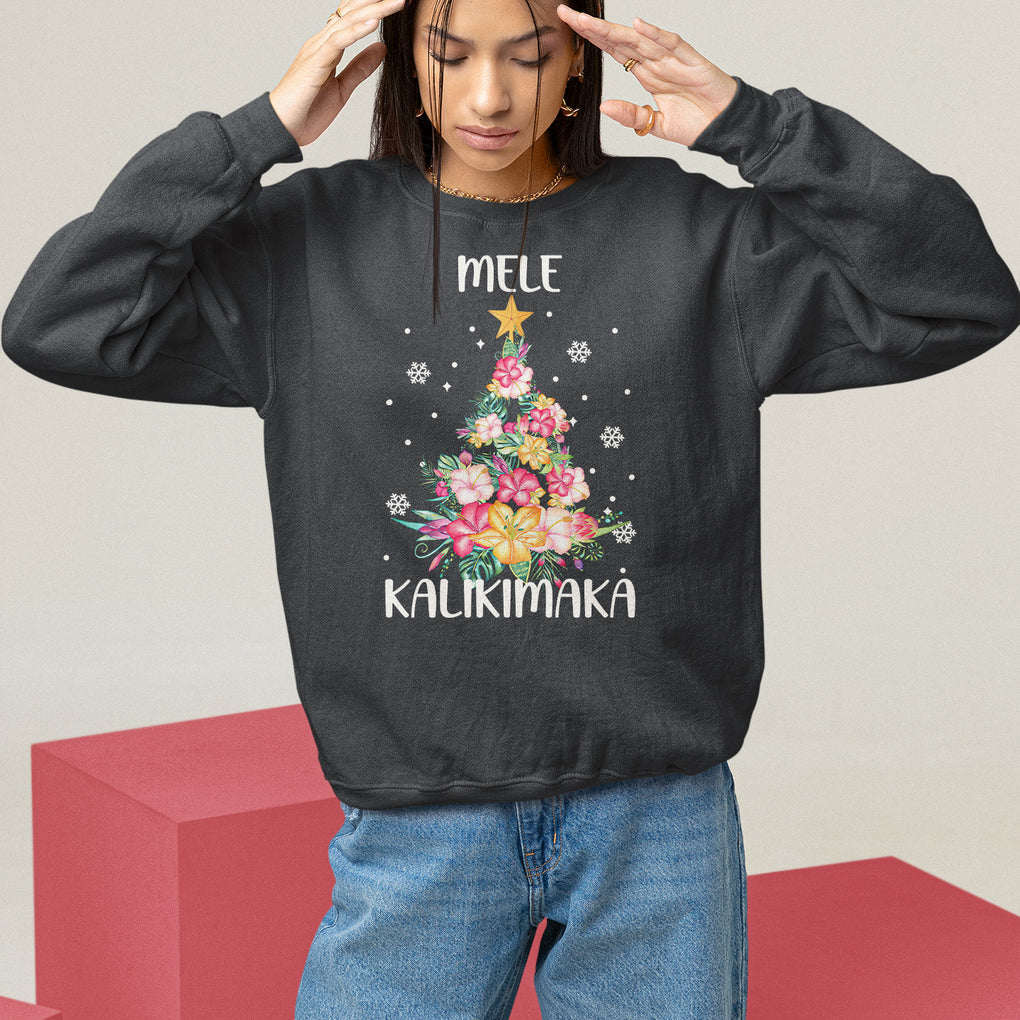 Mele Kalikimaka Hawaiian Christmas Tree Tropical Flower Sweatshirt TS09 Black Printyourwear