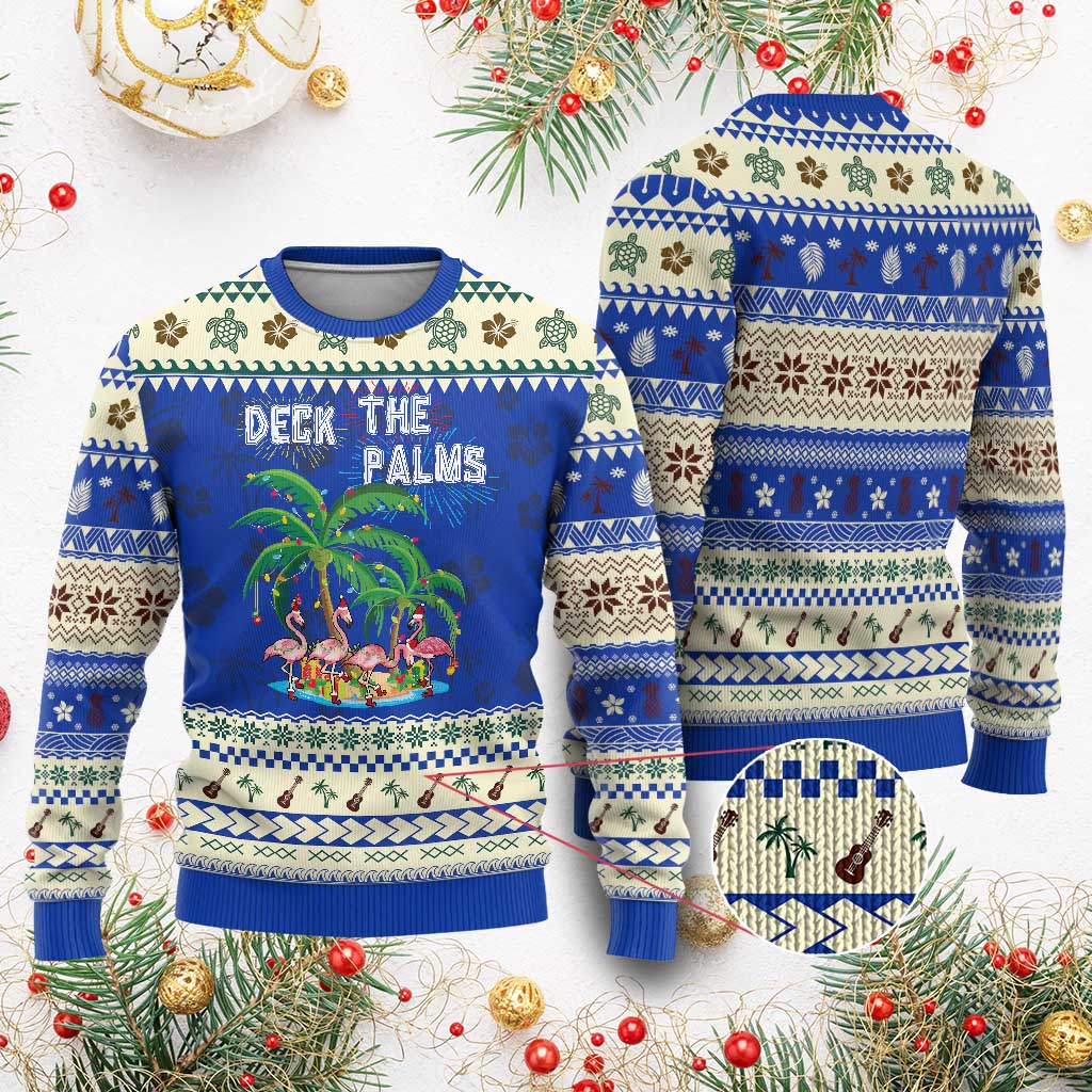 Xmas In Hawaii Ugly Christmas Sweater Deck the Palms Firework Flamingo TS09 Blue Print Your Wear