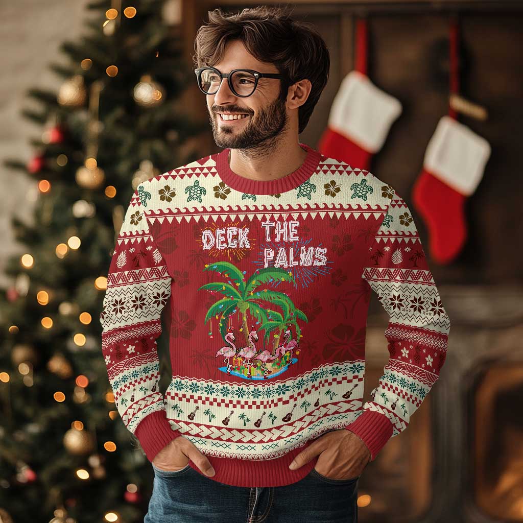 Xmas In Hawaii Ugly Christmas Sweater Deck the Palms Firework Flamingo TS09 Hibiscus Print Your Wear