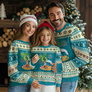 Xmas In Hawaii Ugly Christmas Sweater Palm Tree Firework Santa At Beach Drinking Coconut TS09 Teal Print Your Wear