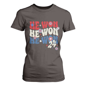 Trump US President He Won 2024 Groovy Retro T Shirt For Women TS09 Dark Chocolate Print Your Wear