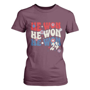 Trump US President He Won 2024 Groovy Retro T Shirt For Women TS09 Maroon Print Your Wear