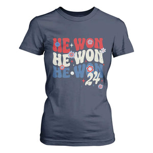 Trump US President He Won 2024 Groovy Retro T Shirt For Women TS09 Navy Print Your Wear