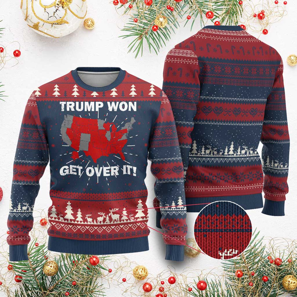 Trump Won 2024 Ugly Christmas Sweater Trump Election Map 2024 Get Over It TS09 Burgundy Print Your Wear