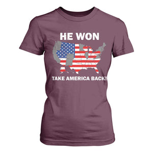 Trump Won 2024 T Shirt For Women Trump Election Map 2024 He Won Take America Back TS09 Maroon Print Your Wear