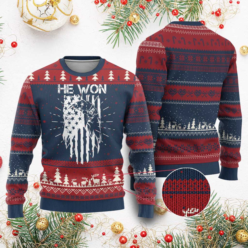 Trump Won 2024 Ugly Christmas Sweater He Won Patriotic America Flag Eagle TS09 Burgundy Print Your Wear