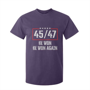 Trump Won 2024 T Shirt For Kid 45 47 He Won He Won Again TS09 Purple Print Your Wear