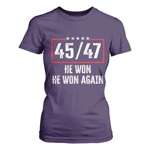 Trump Won 2024 T Shirt For Women 45 47 He Won He Won Again TS09 Purple Print Your Wear