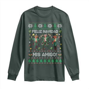 Funny Mexico Xmas Trump Long Sleeve Shirt Feliz Navidad Mis Amigo Trump Dancing TS09 Dark Forest Green Print Your Wear