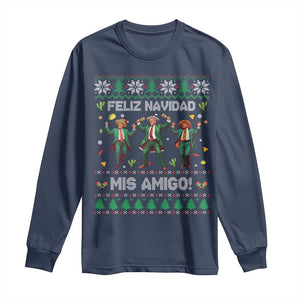 Funny Mexico Xmas Trump Long Sleeve Shirt Feliz Navidad Mis Amigo Trump Dancing TS09 Navy Print Your Wear