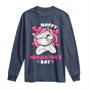 Valentine's Day Long Sleeve Shirt Happy Meowentine Cute Cat Kisses TS09 Navy Print Your Wear