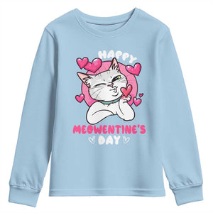 Valentine's Day Youth Sweatshirt Happy Meowentine Cute Cat Kisses TS09 Light Blue Print Your Wear