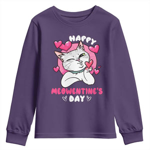 Valentine's Day Youth Sweatshirt Happy Meowentine Cute Cat Kisses TS09 Purple Print Your Wear