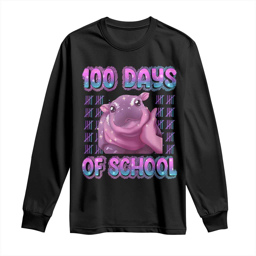 100th Day Of School Long Sleeve Shirt Cute Moo Deng Baby Hippo 100 Days TS09 Black Print Your Wear