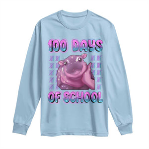 100th Day Of School Long Sleeve Shirt Cute Moo Deng Baby Hippo 100 Days TS09 Light Blue Print Your Wear